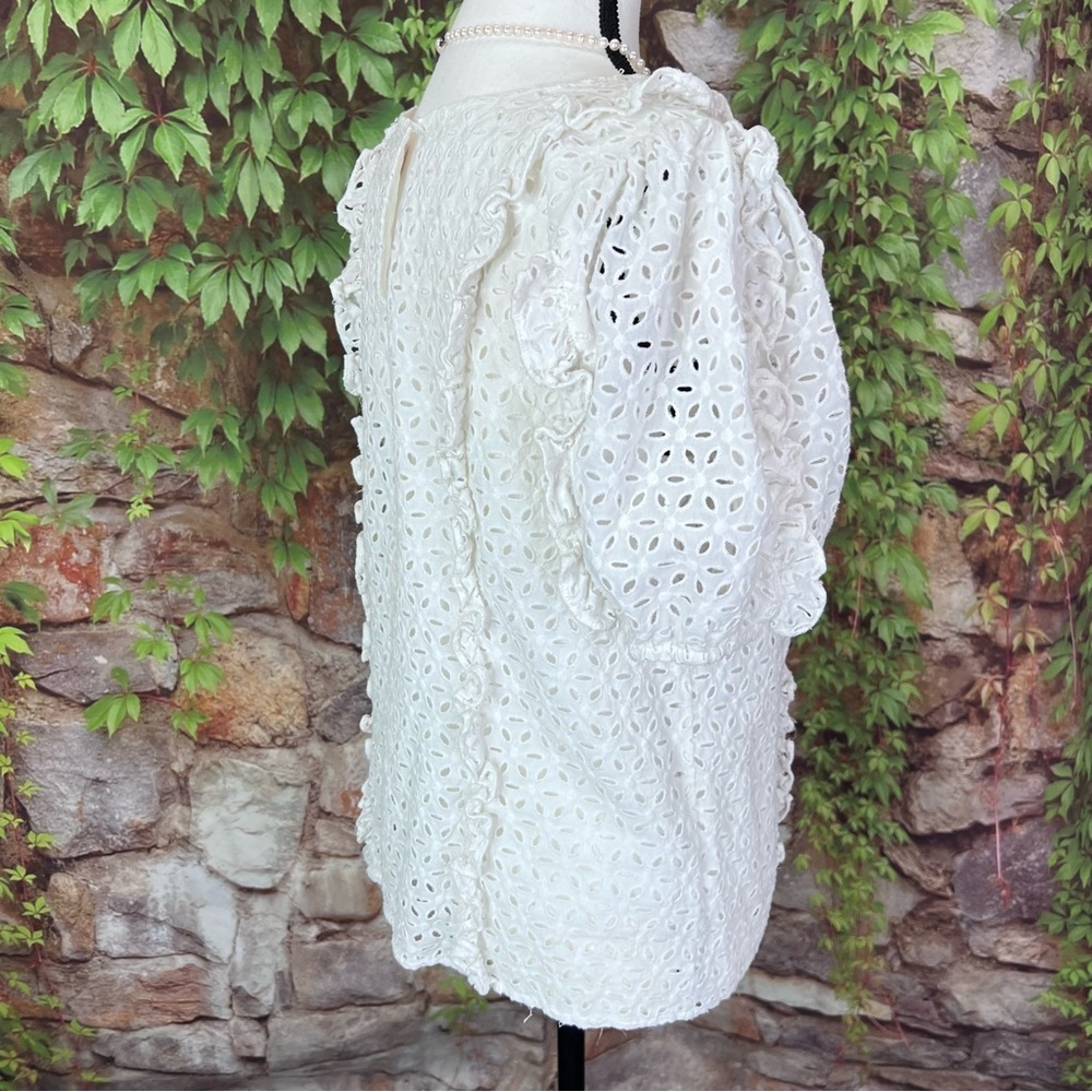 RACHEL PARCELL Cottagecore White Eyelet Ruffle Accent Puff Sleeve Summe Blouse M - Picture 7 of 10